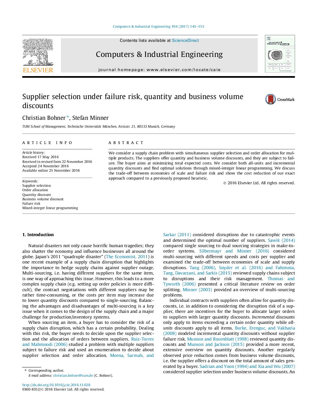 Supplier selection under failure risk, quantity and business volume discounts