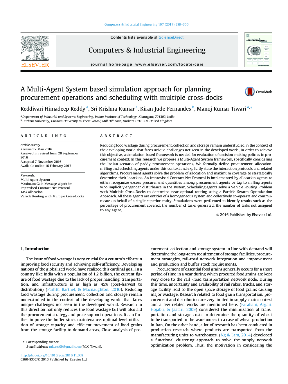 A Multi-Agent System based simulation approach for planning procurement operations and scheduling with multiple cross-docks