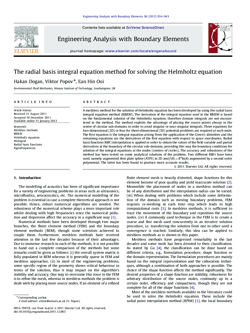 The radial basis integral equation method for solving the Helmholtz equation