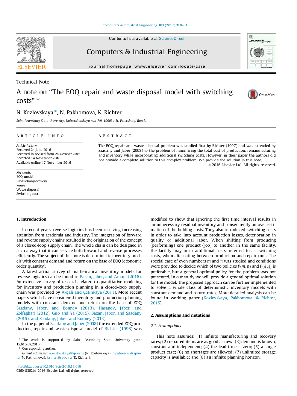 A note on “The EOQ repair and waste disposal model with switching costs”