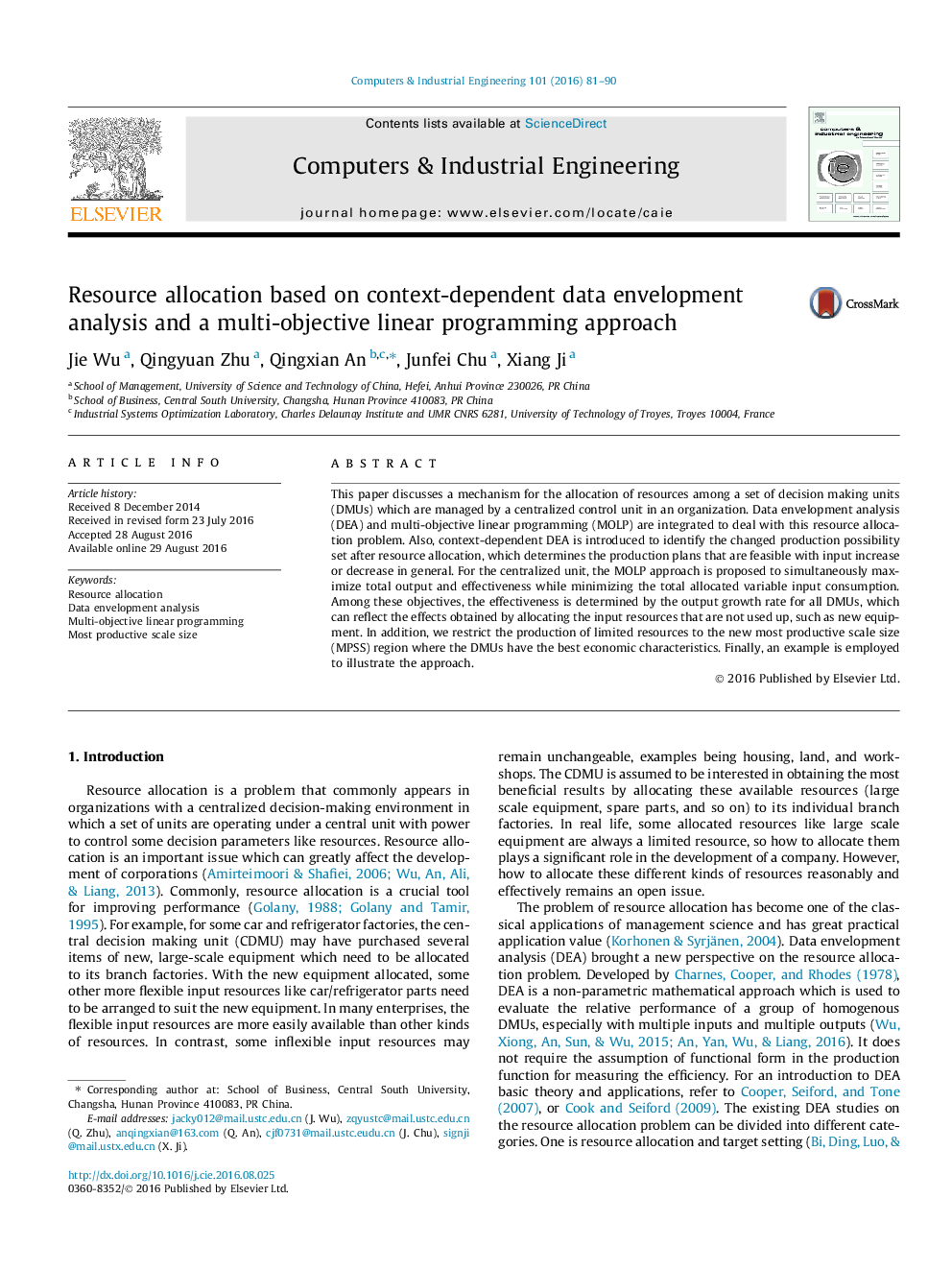 Resource allocation based on context-dependent data envelopment analysis and a multi-objective linear programming approach