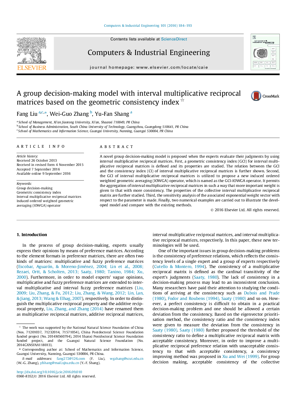 A group decision-making model with interval multiplicative reciprocal matrices based on the geometric consistency index