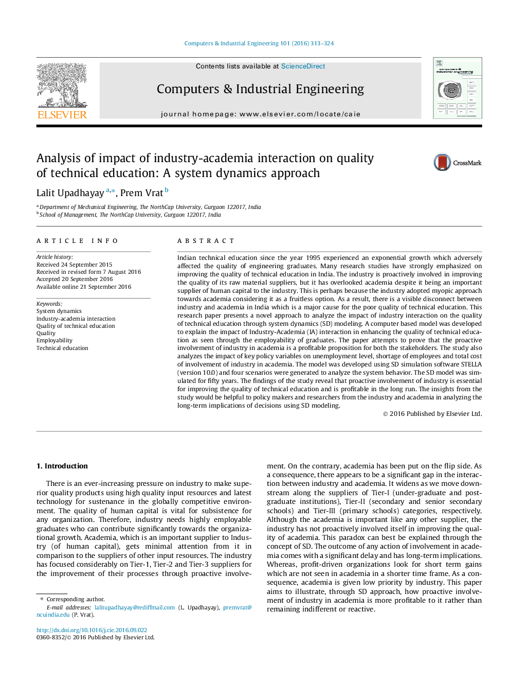 Analysis of impact of industry-academia interaction on quality of technical education: A system dynamics approach