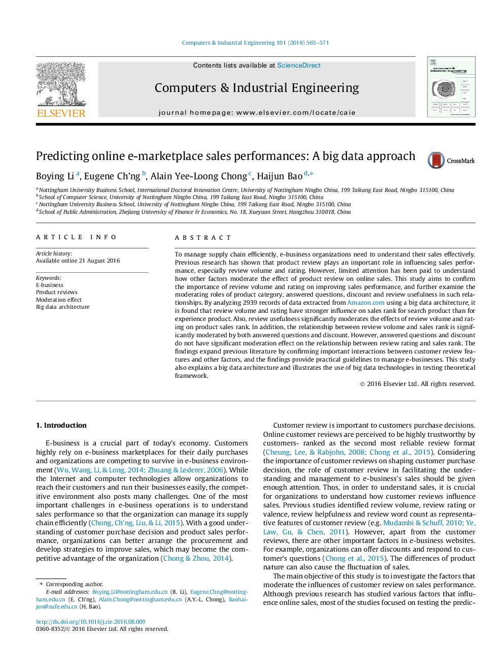 Predicting online e-marketplace sales performances: A big data approach