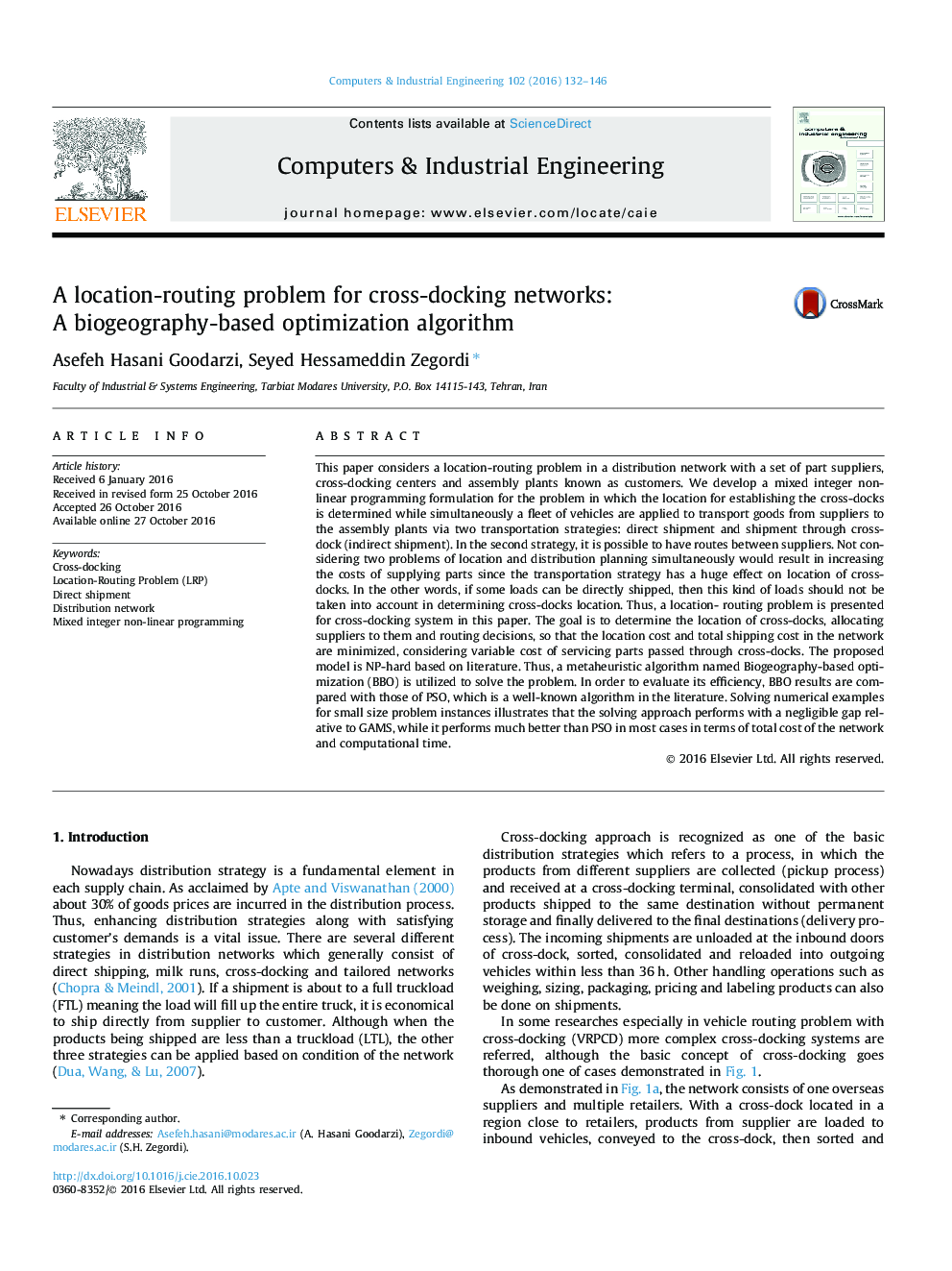 A location-routing problem for cross-docking networks: A biogeography-based optimization algorithm