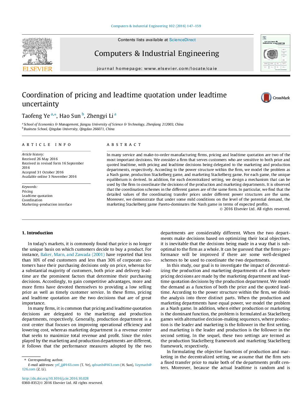 Coordination of pricing and leadtime quotation under leadtime uncertainty