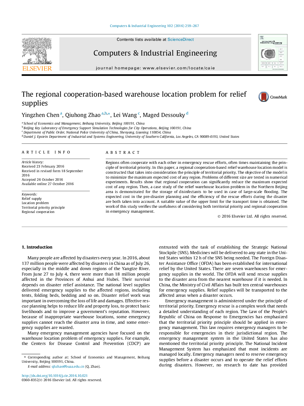 The regional cooperation-based warehouse location problem for relief supplies