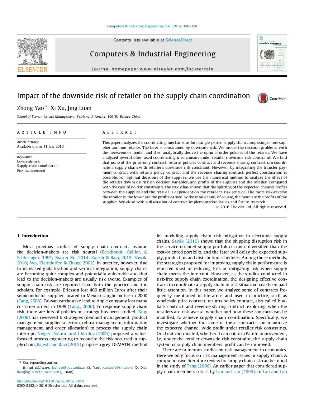 Impact of the downside risk of retailer on the supply chain coordination