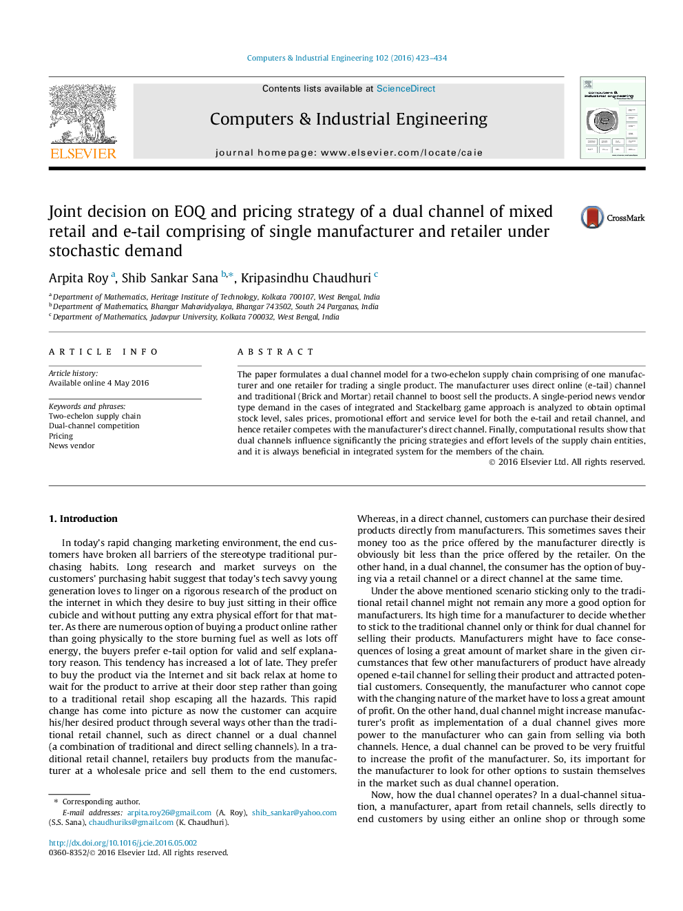 Joint decision on EOQ and pricing strategy of a dual channel of mixed retail and e-tail comprising of single manufacturer and retailer under stochastic demand