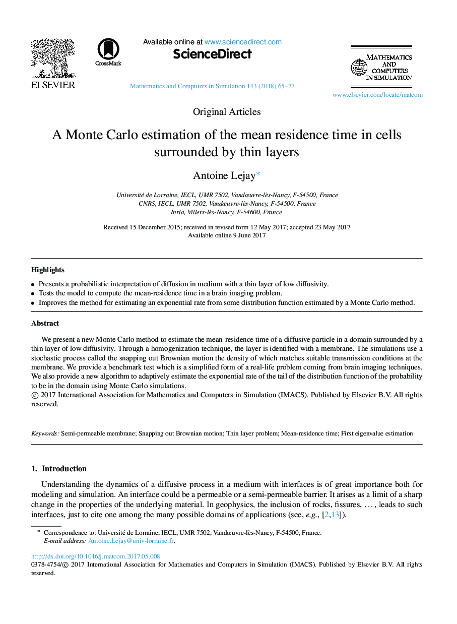 A Monte Carlo estimation of the mean residence time in cells surrounded by thin layers
