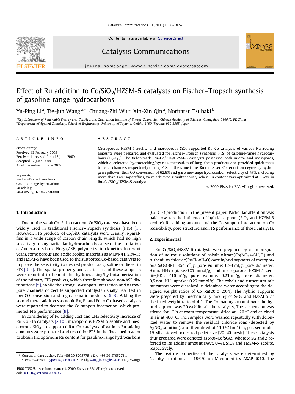 Effect of Ru addition to Co/SiO2/HZSM-5 catalysts on Fischer–Tropsch synthesis of gasoline-range hydrocarbons