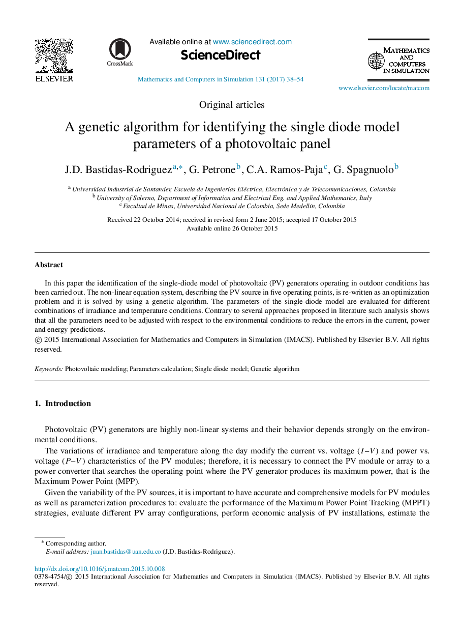 A genetic algorithm for identifying the single diode model parameters of a photovoltaic panel