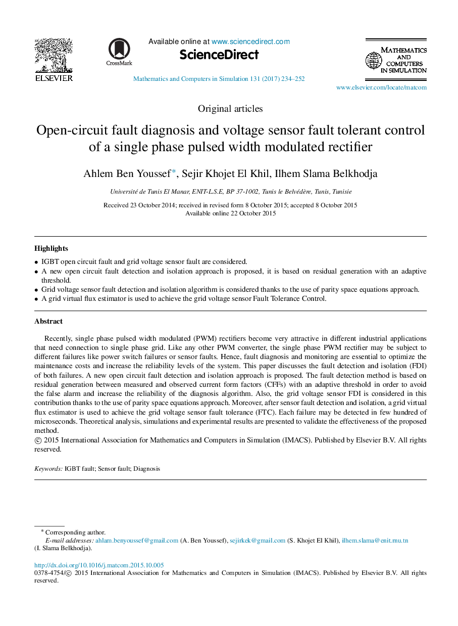 Open-circuit fault diagnosis and voltage sensor fault tolerant control of a single phase pulsed width modulated rectifier