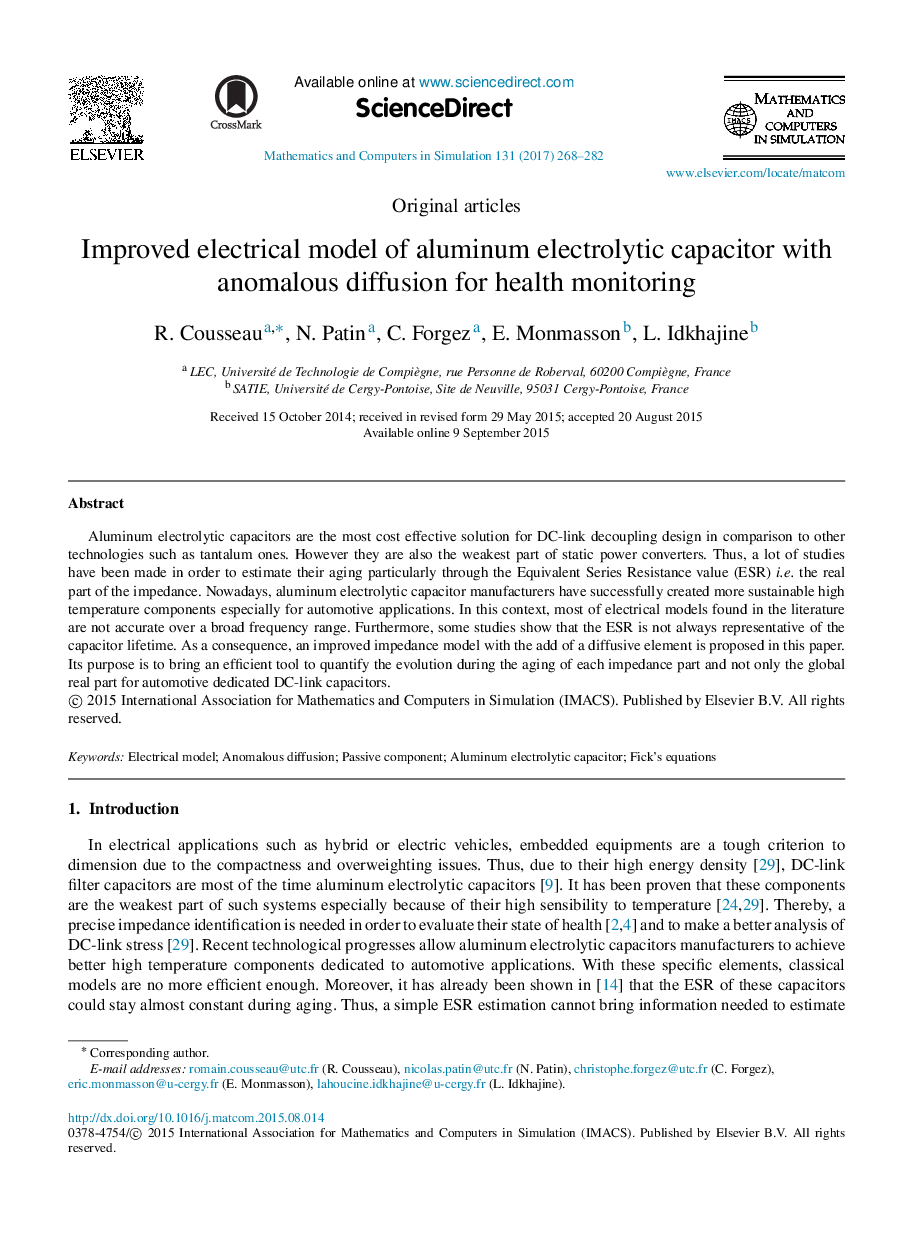 Improved electrical model of aluminum electrolytic capacitor with anomalous diffusion for health monitoring