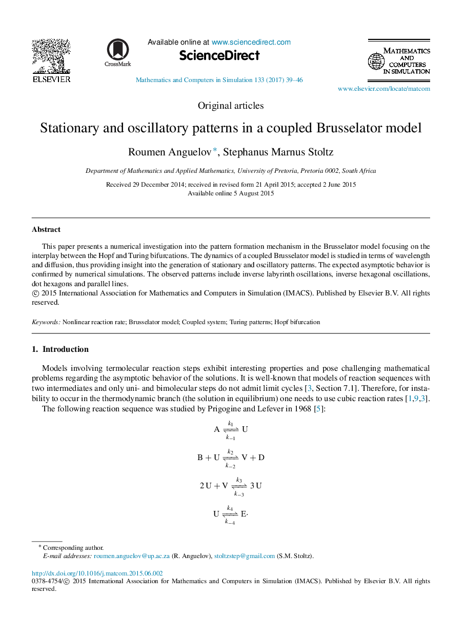 Stationary and oscillatory patterns in a coupled Brusselator model