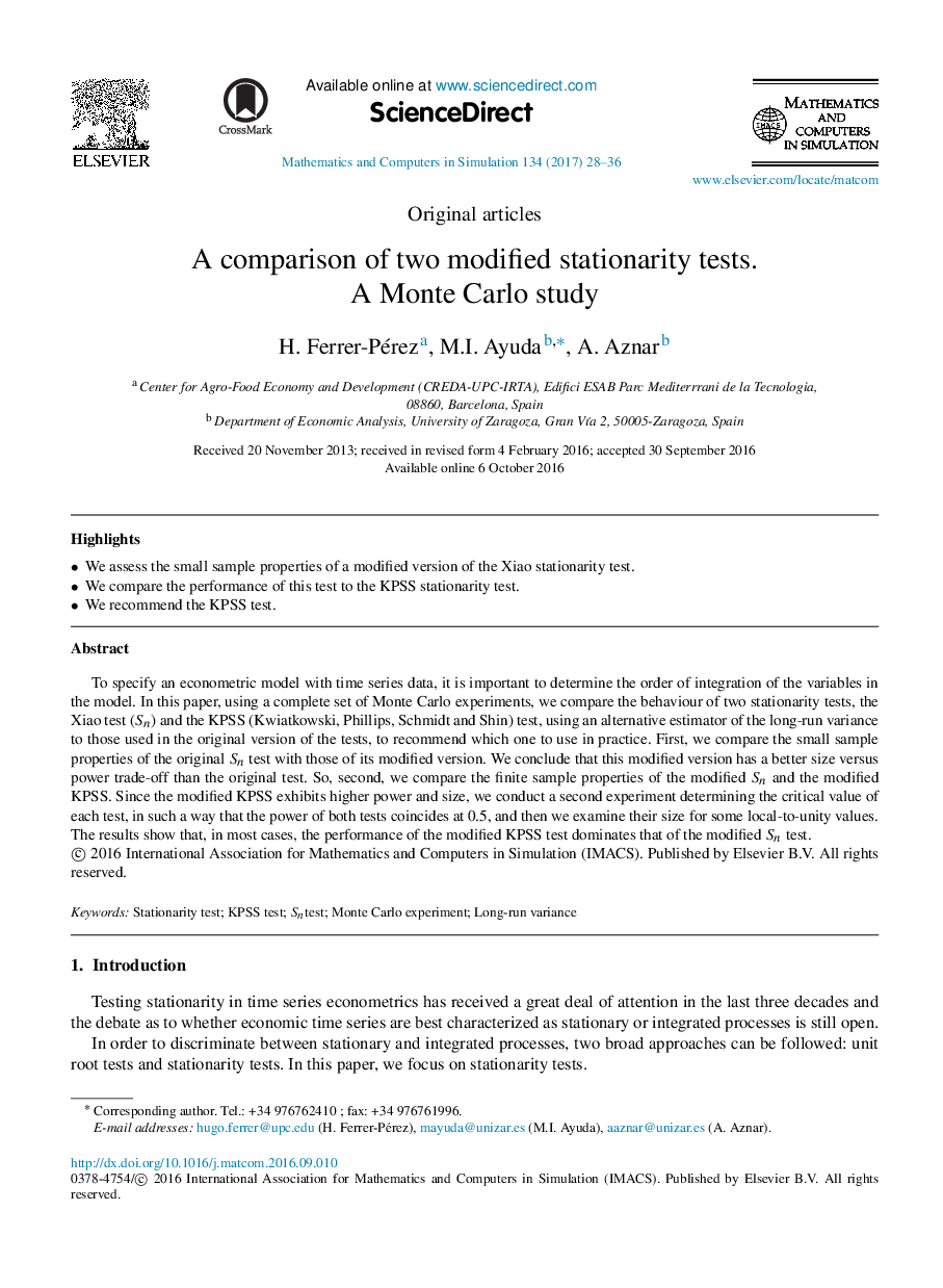 A comparison of two modified stationarity tests. A Monte Carlo study