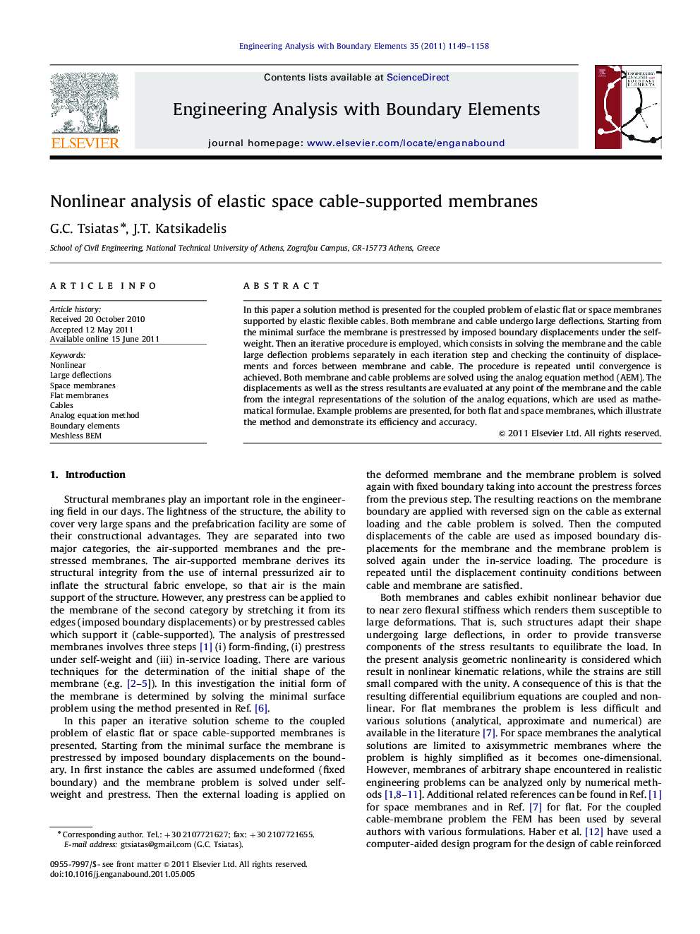Nonlinear analysis of elastic space cable-supported membranes