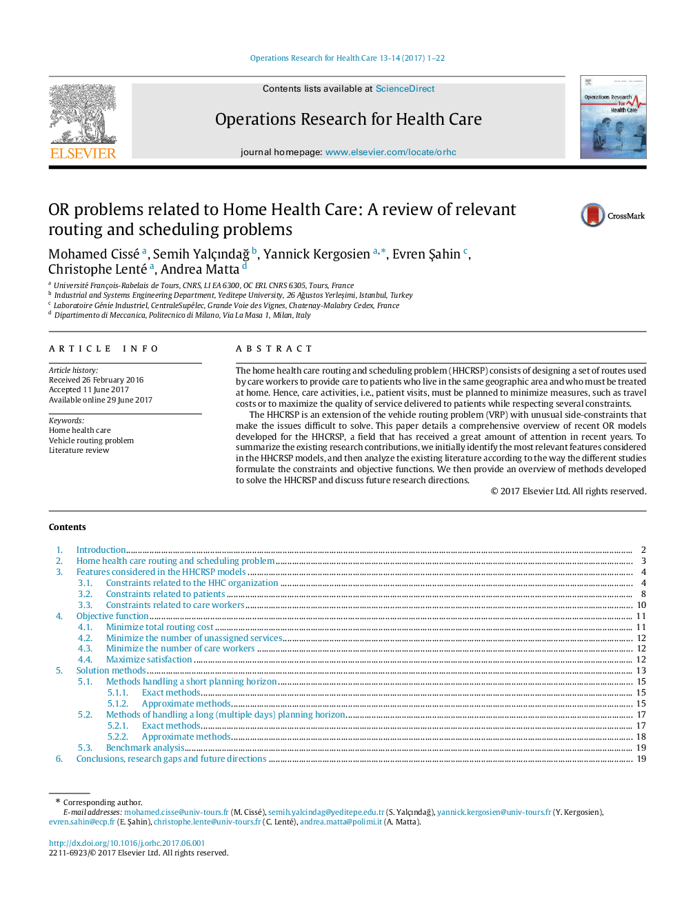 OR problems related to Home Health Care: A review of relevant routing and scheduling problems