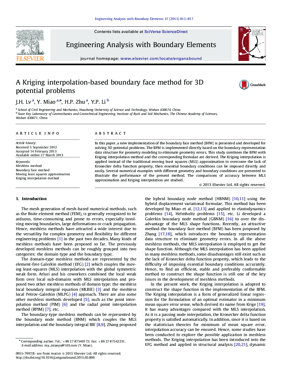 A Kriging interpolation-based boundary face method for 3D potential problems