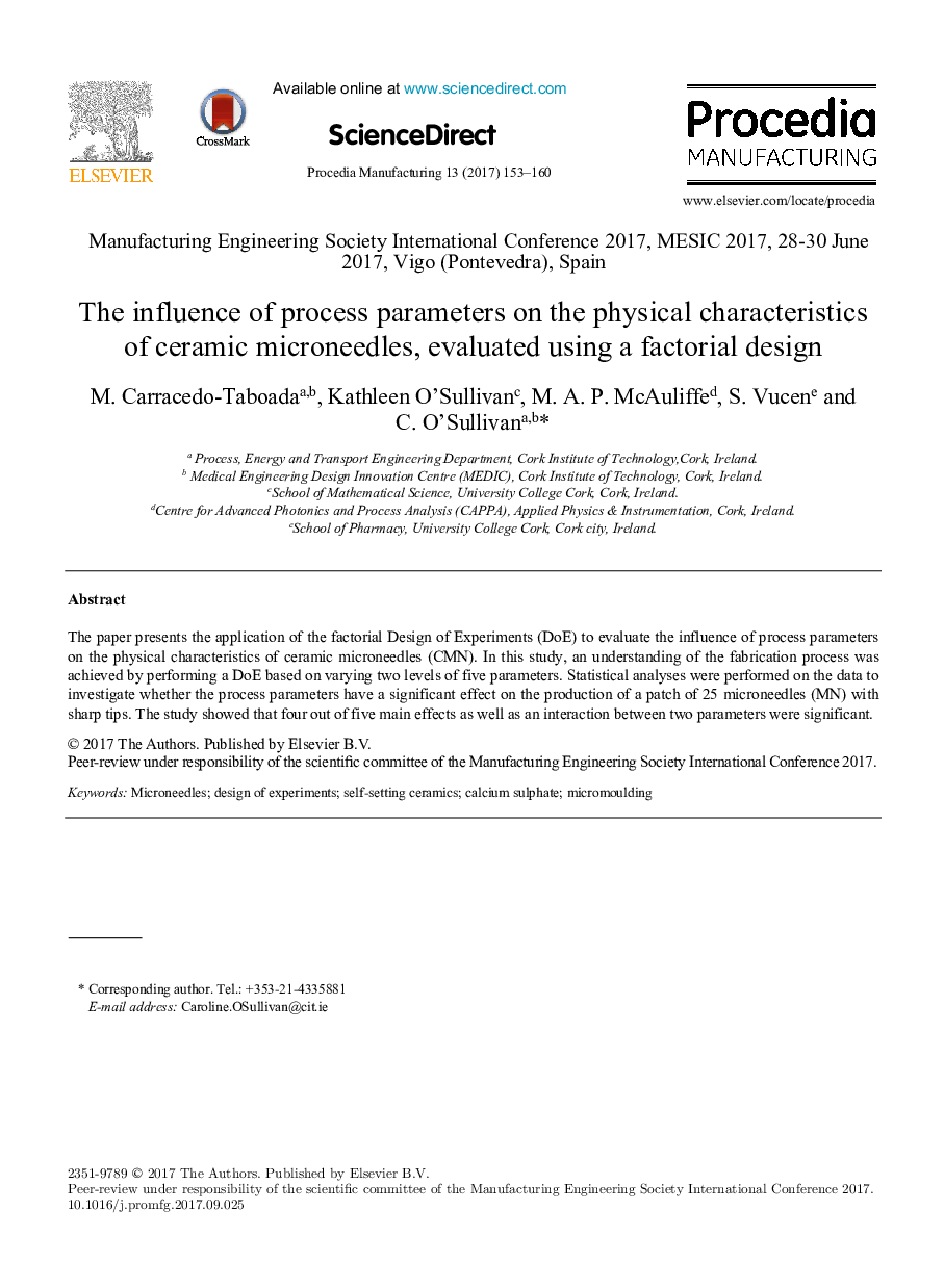 The influence of process parameters on the physical characteristics of ceramic microneedles, evaluated using a factorial design