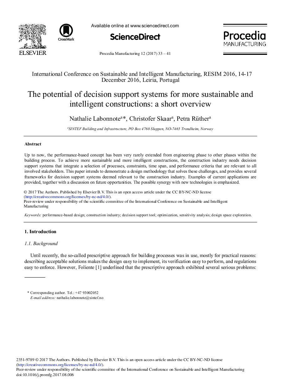 The Potential of Decision Support Systems for More Sustainable and Intelligent Constructions: A Short Overview