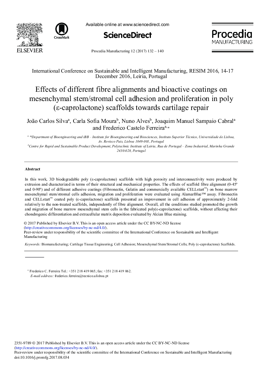 Effects of Different Fibre Alignments and Bioactive Coatings on Mesenchymal Stem/Stromal Cell Adhesion and Proliferation in Poly (É-caprolactone) Scaffolds towards Cartilage Repair