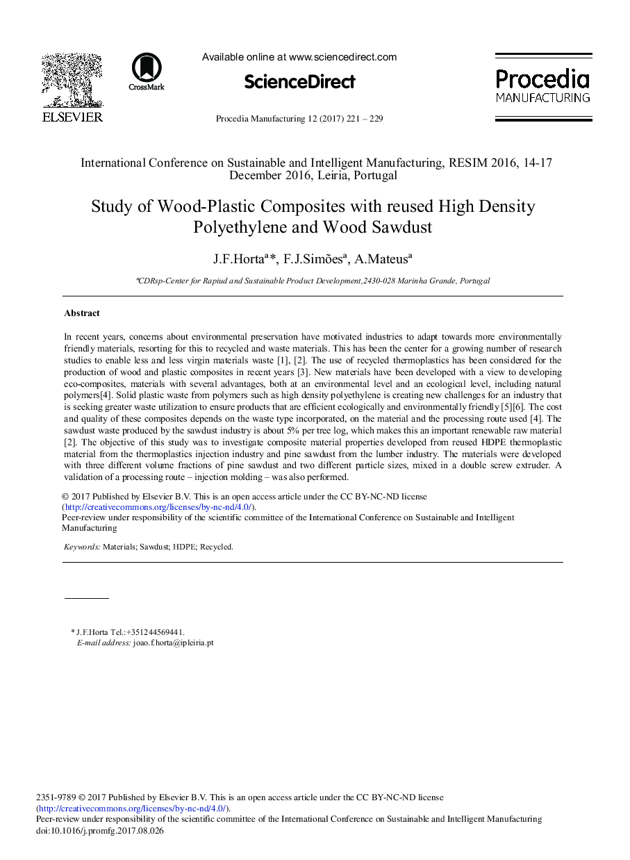 Study of Wood-Plastic Composites with Reused High Density Polyethylene and Wood Sawdust