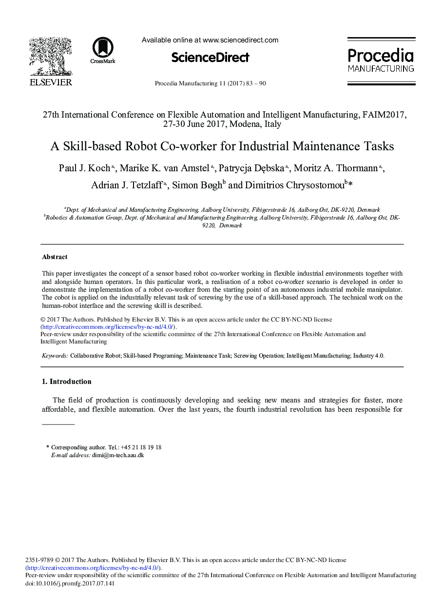 A Skill-based Robot Co-worker for Industrial Maintenance Tasks