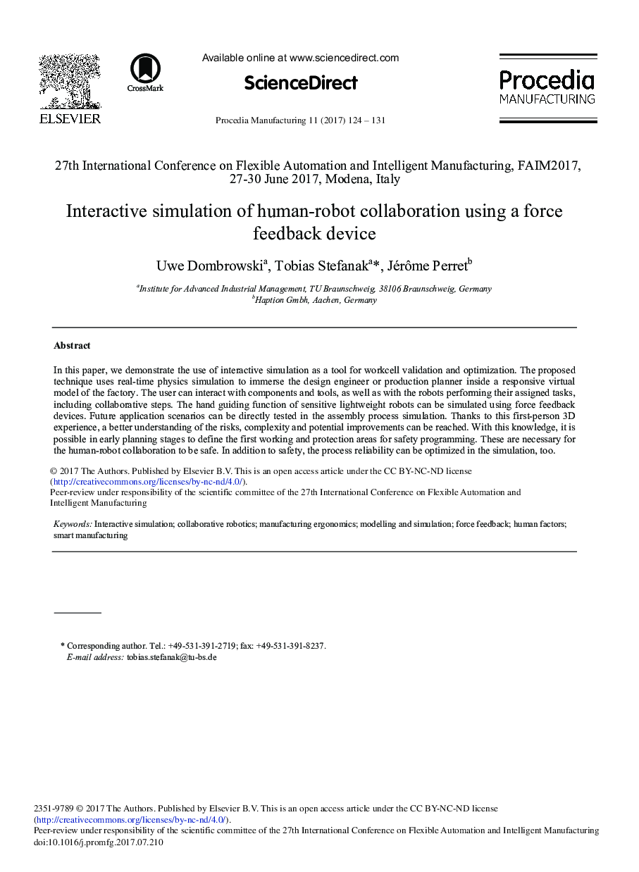 Interactive Simulation of Human-robot Collaboration Using a Force Feedback Device