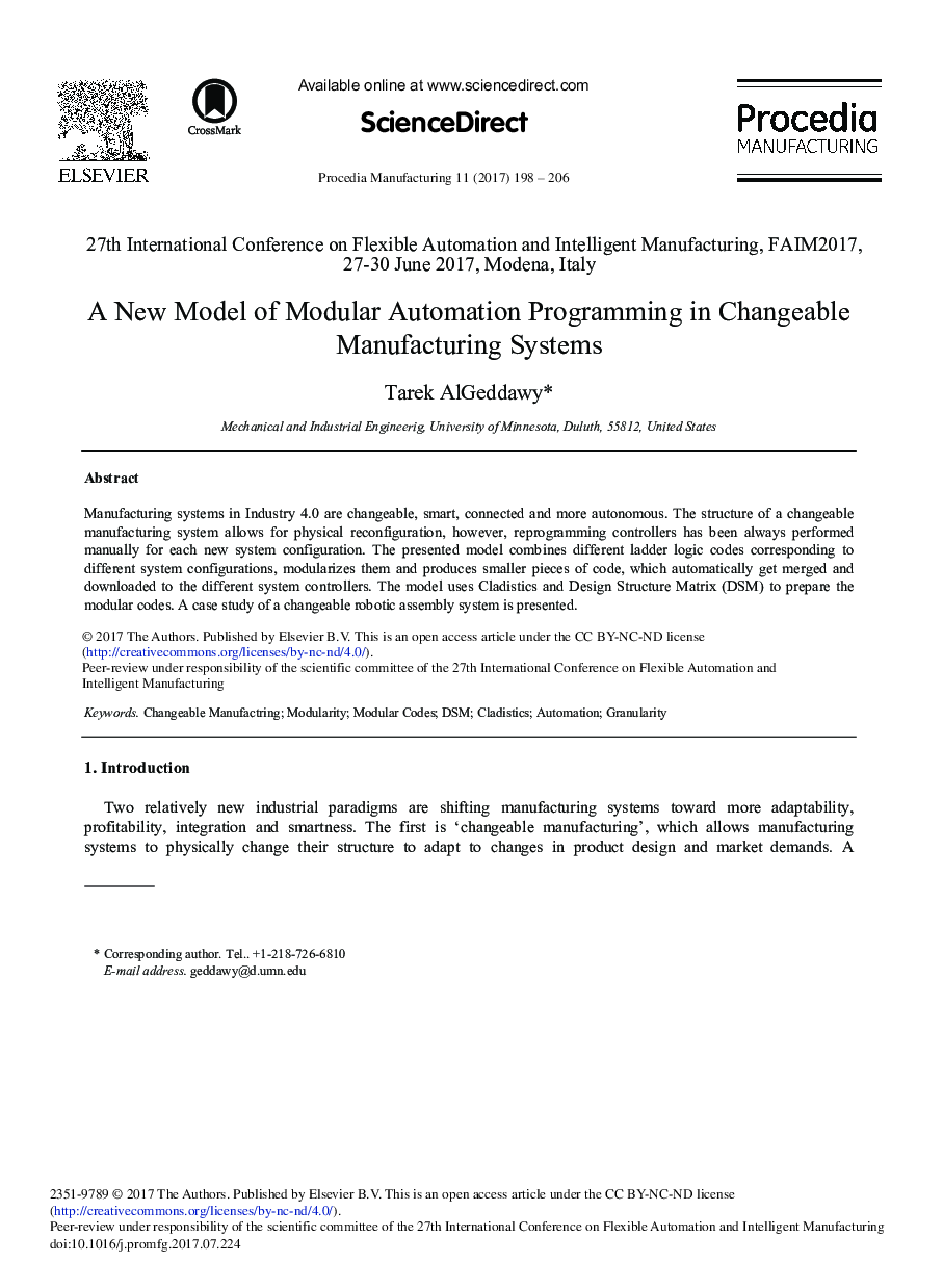 A New Model of Modular Automation Programming in Changeable Manufacturing Systems