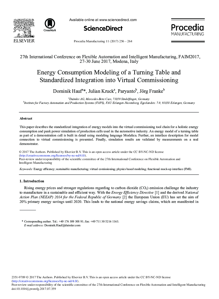 Energy Consumption Modeling of a Turning Table and Standardized Integration into Virtual Commissioning