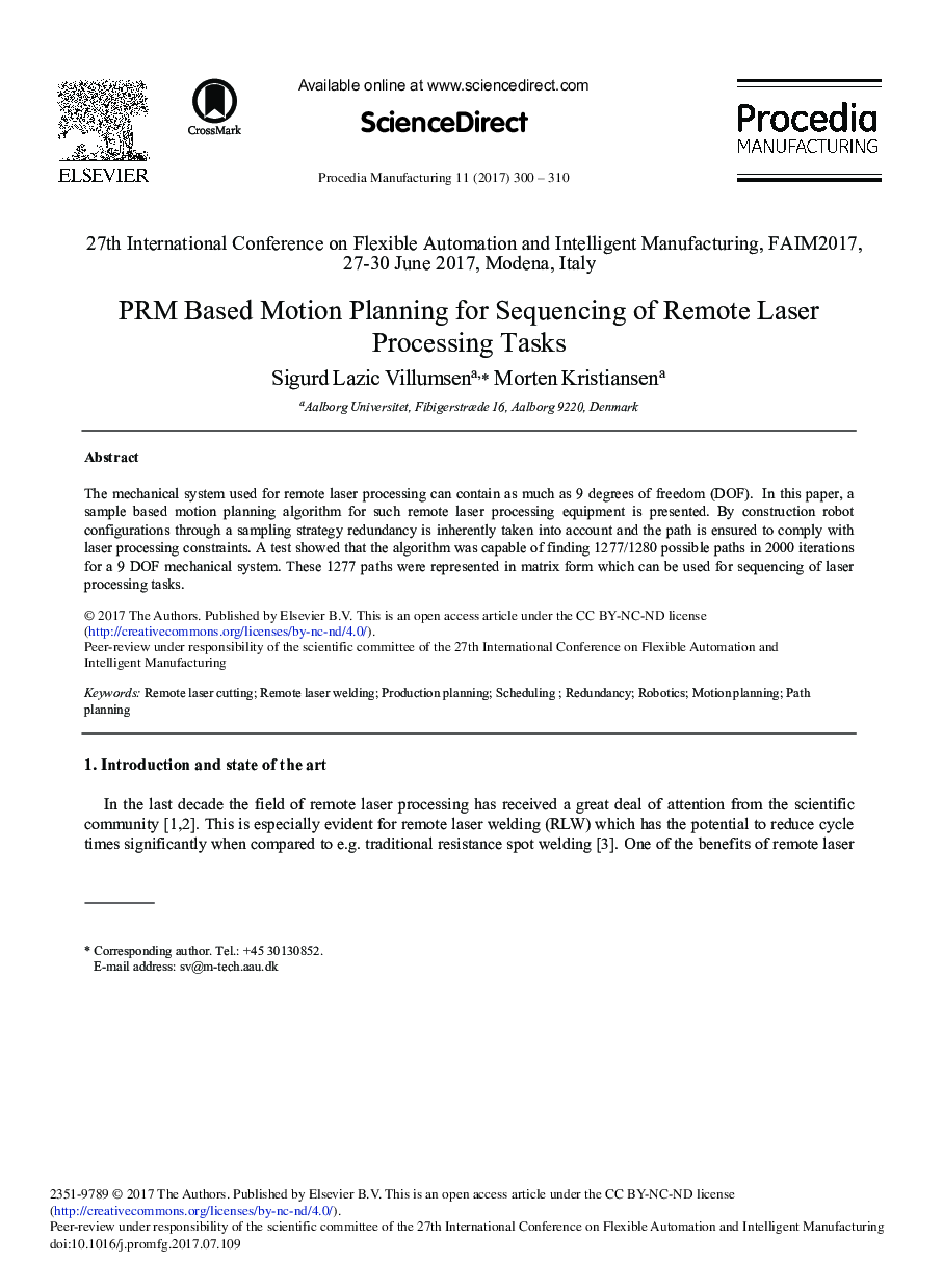 PRM Based Motion Planning for Sequencing of Remote Laser Processing Tasks