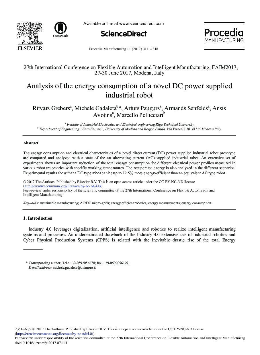 Analysis of the Energy Consumption of a Novel DC Power Supplied Industrial Robot