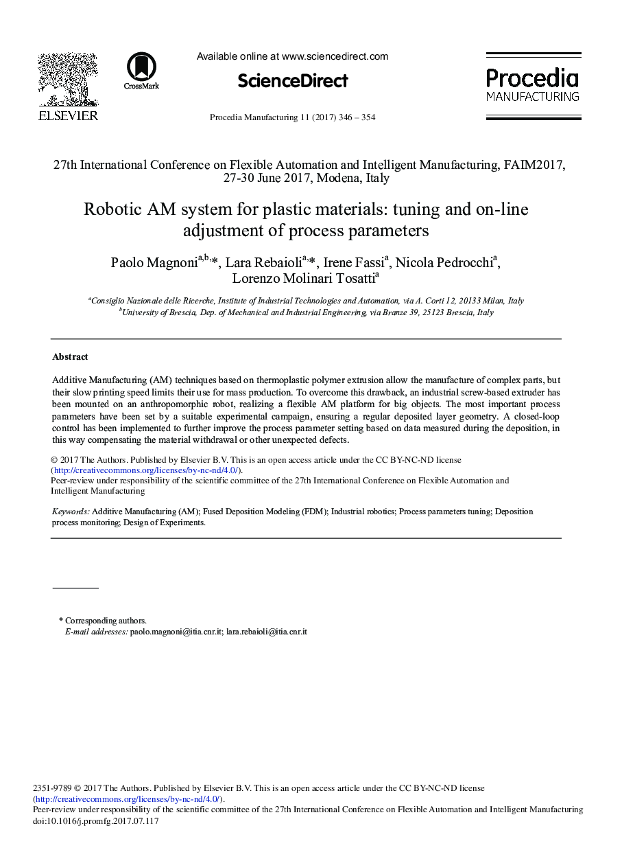 Robotic AM System for Plastic Materials: Tuning and On-line Adjustment of Process Parameters