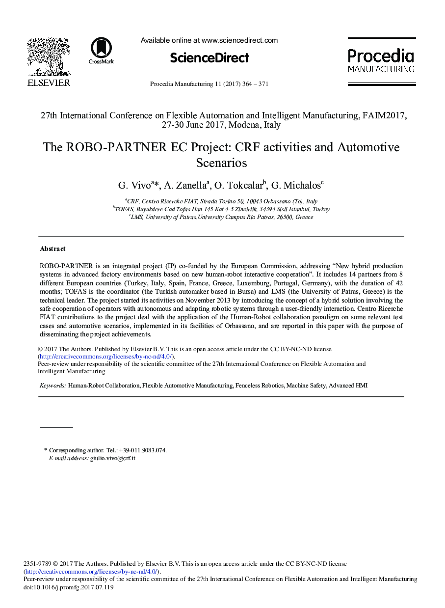 The ROBO-PARTNER EC Project: CRF Activities and Automotive Scenarios