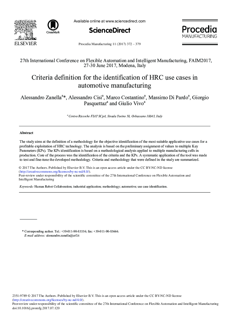 Criteria Definition for the Identification of HRC Use Cases in Automotive Manufacturing