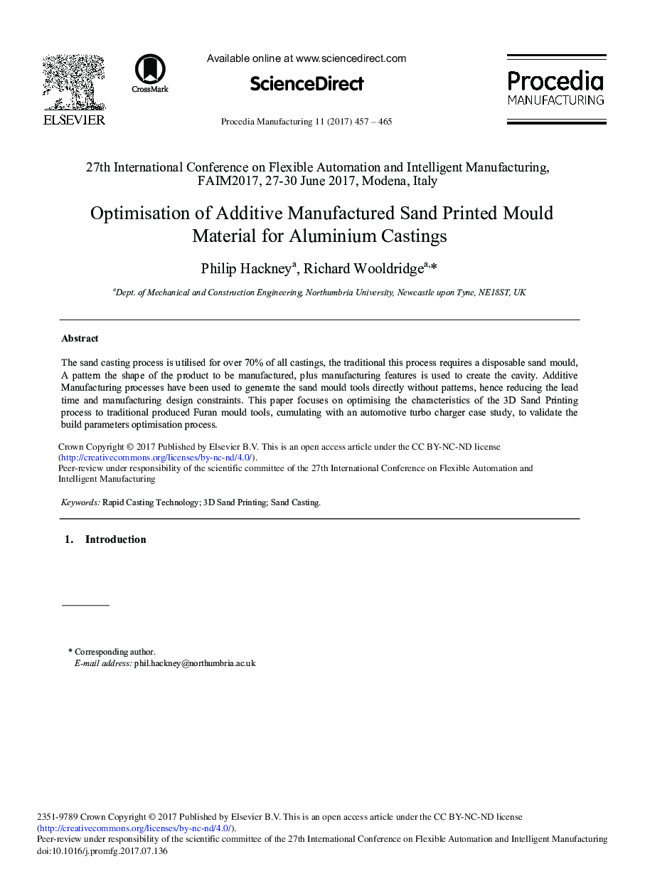 Optimisation of Additive Manufactured Sand Printed Mould Material for Aluminium Castings