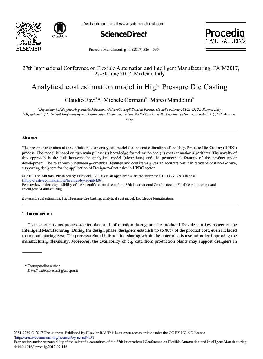 Analytical Cost Estimation Model in High Pressure Die Casting