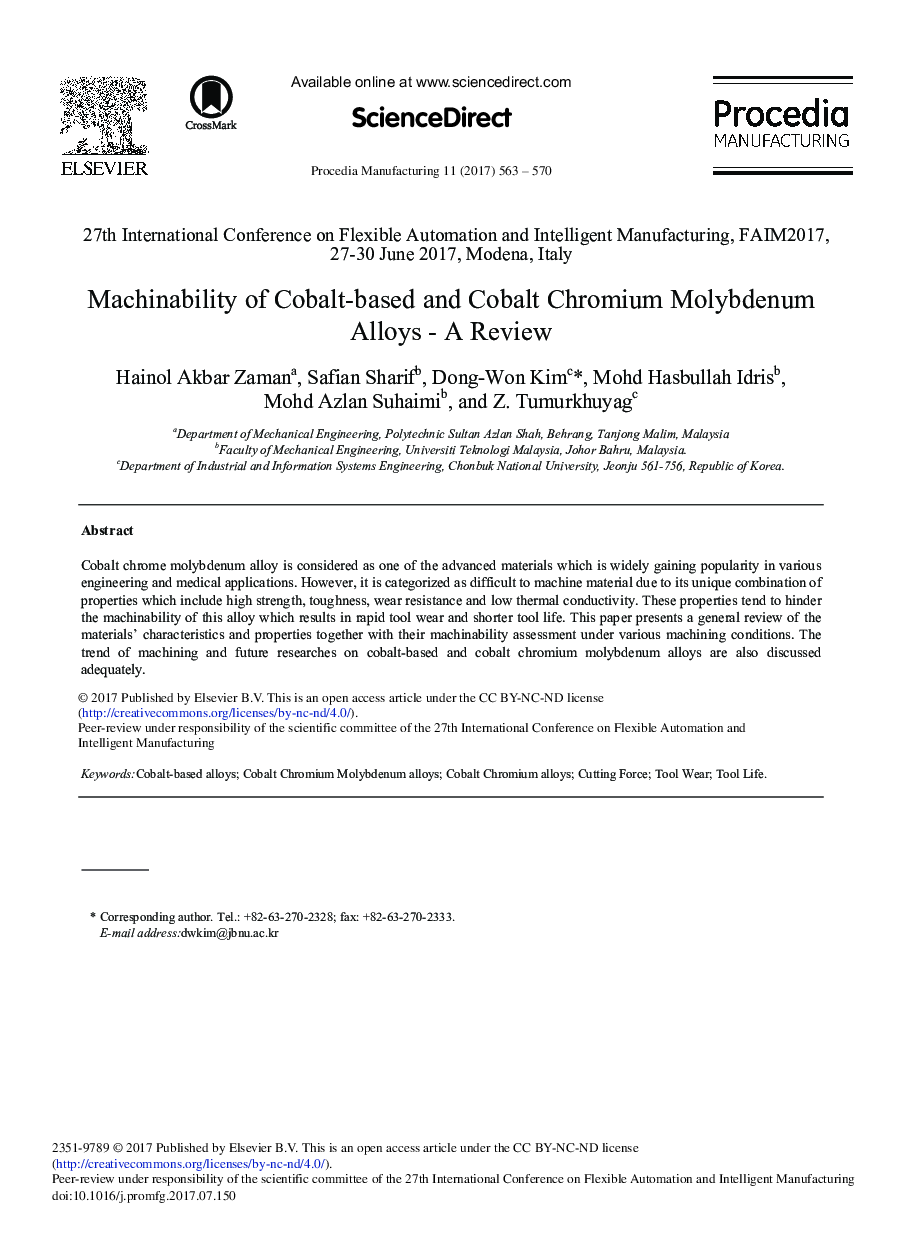 Machinability of Cobalt-based and Cobalt Chromium Molybdenum Alloys - A Review