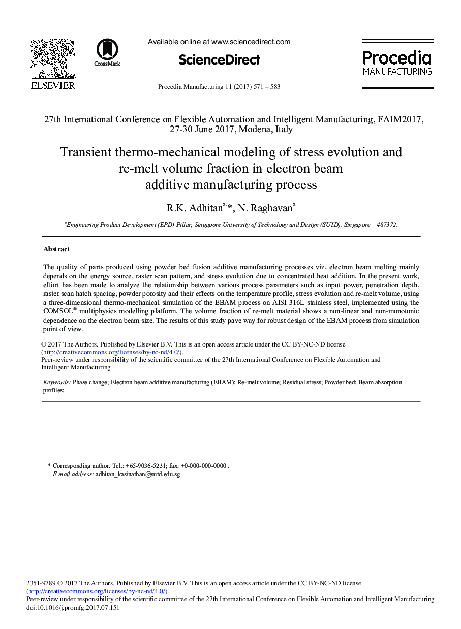 Transient Thermo-mechanical Modeling of stress Evolution and Re-melt Volume Fraction in Electron Beam Additive Manufacturing Process