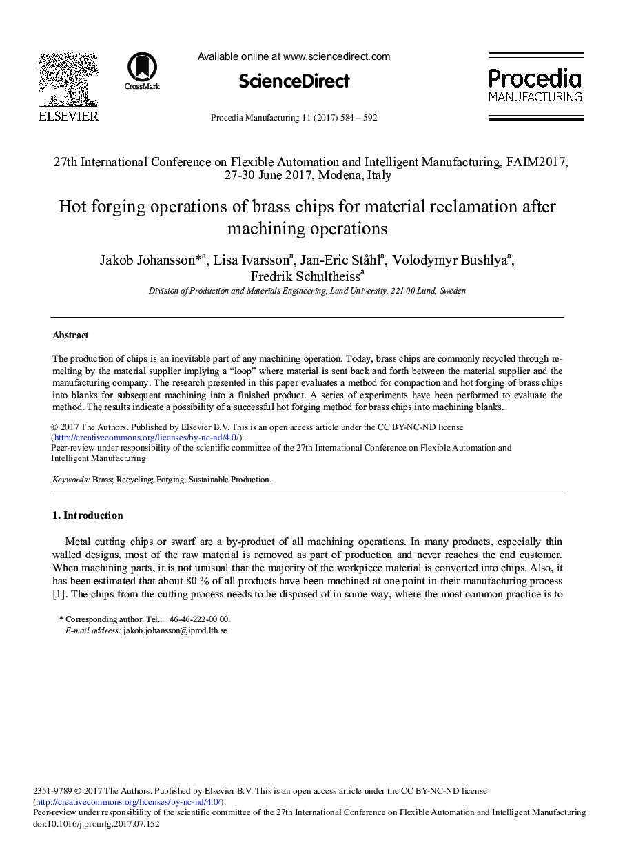 Hot Forging Operations of Brass Chips for Material Reclamation after Machining Operations