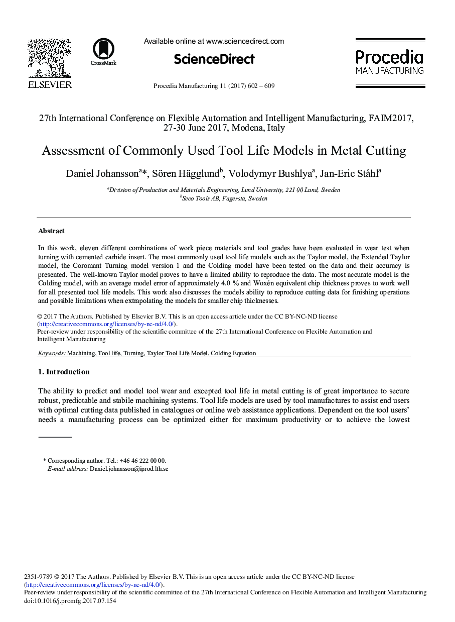 Assessment of Commonly used Tool Life Models in Metal Cutting