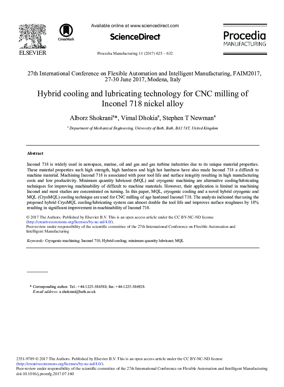 Hybrid Cooling and Lubricating Technology for CNC Milling of Inconel 718 Nickel Alloy