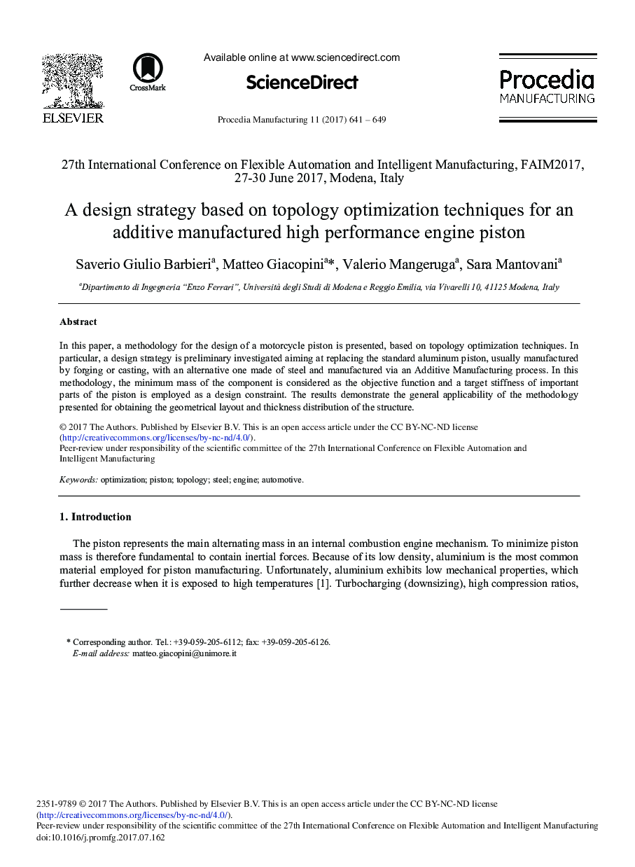 A Design Strategy Based on Topology Optimization Techniques for an Additive Manufactured High Performance Engine Piston