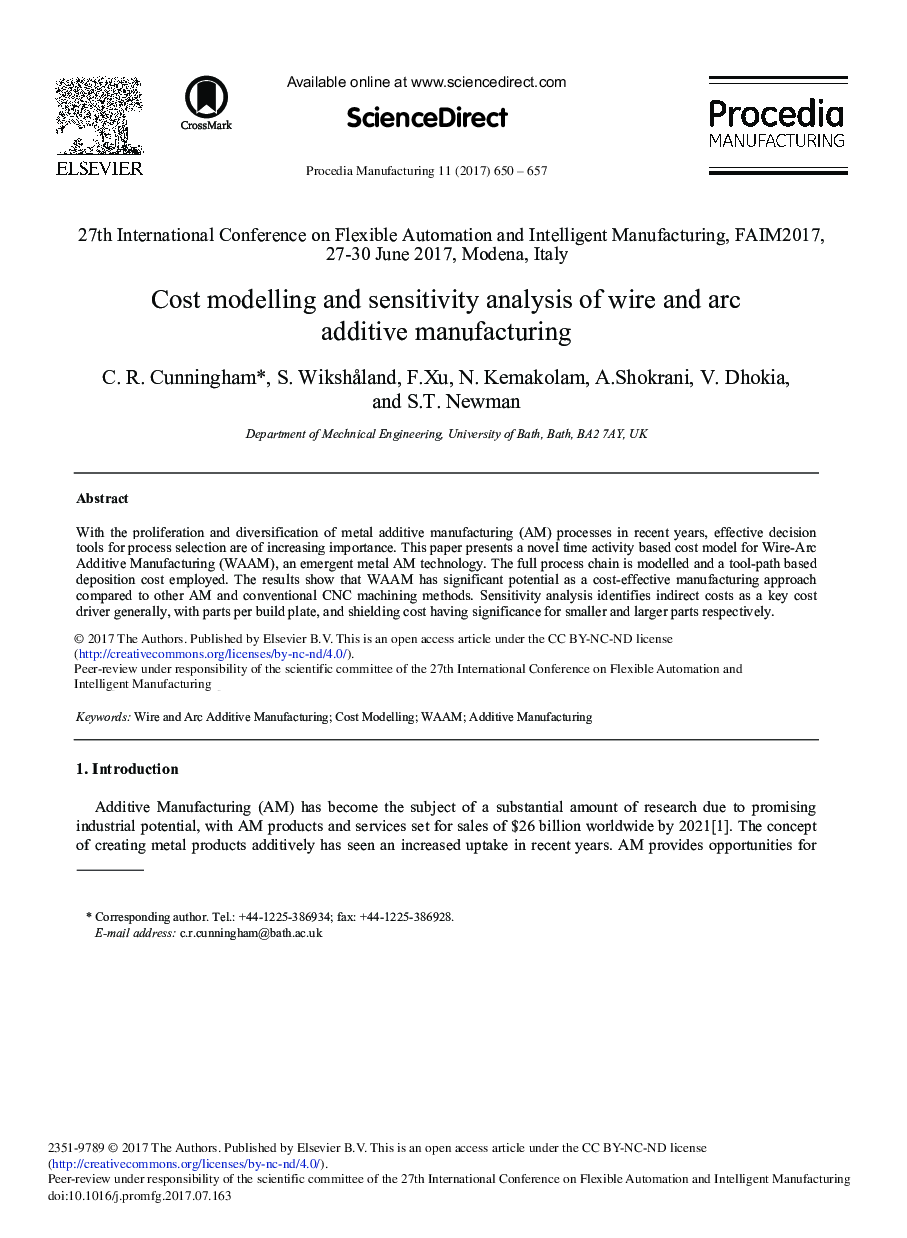 Cost Modelling and Sensitivity Analysis of Wire and Arc Additive Manufacturing