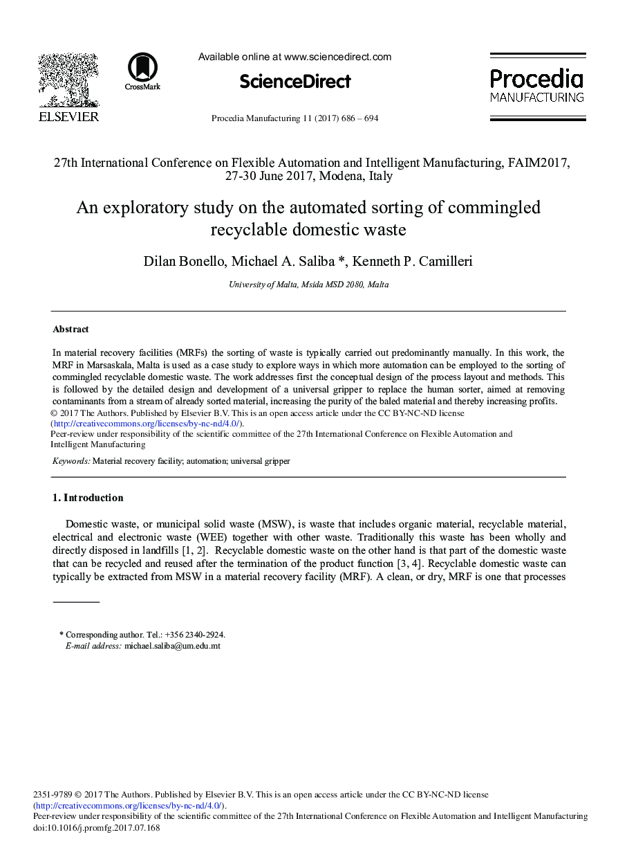 An Exploratory Study on the Automated Sorting of Commingled Recyclable Domestic Waste
