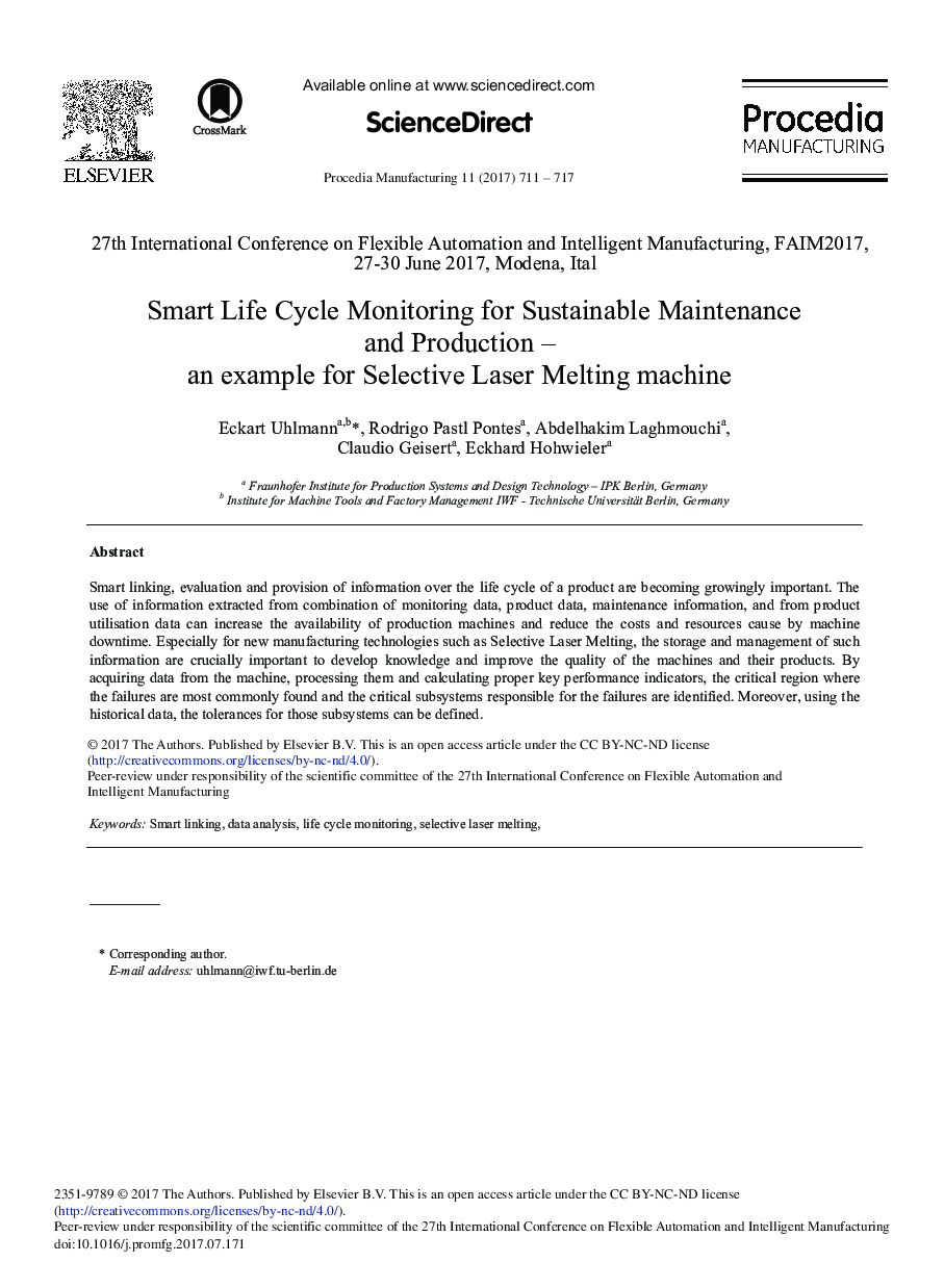 Smart Life Cycle Monitoring for Sustainable Maintenance and Production - An example for Selective Laser Melting Machine