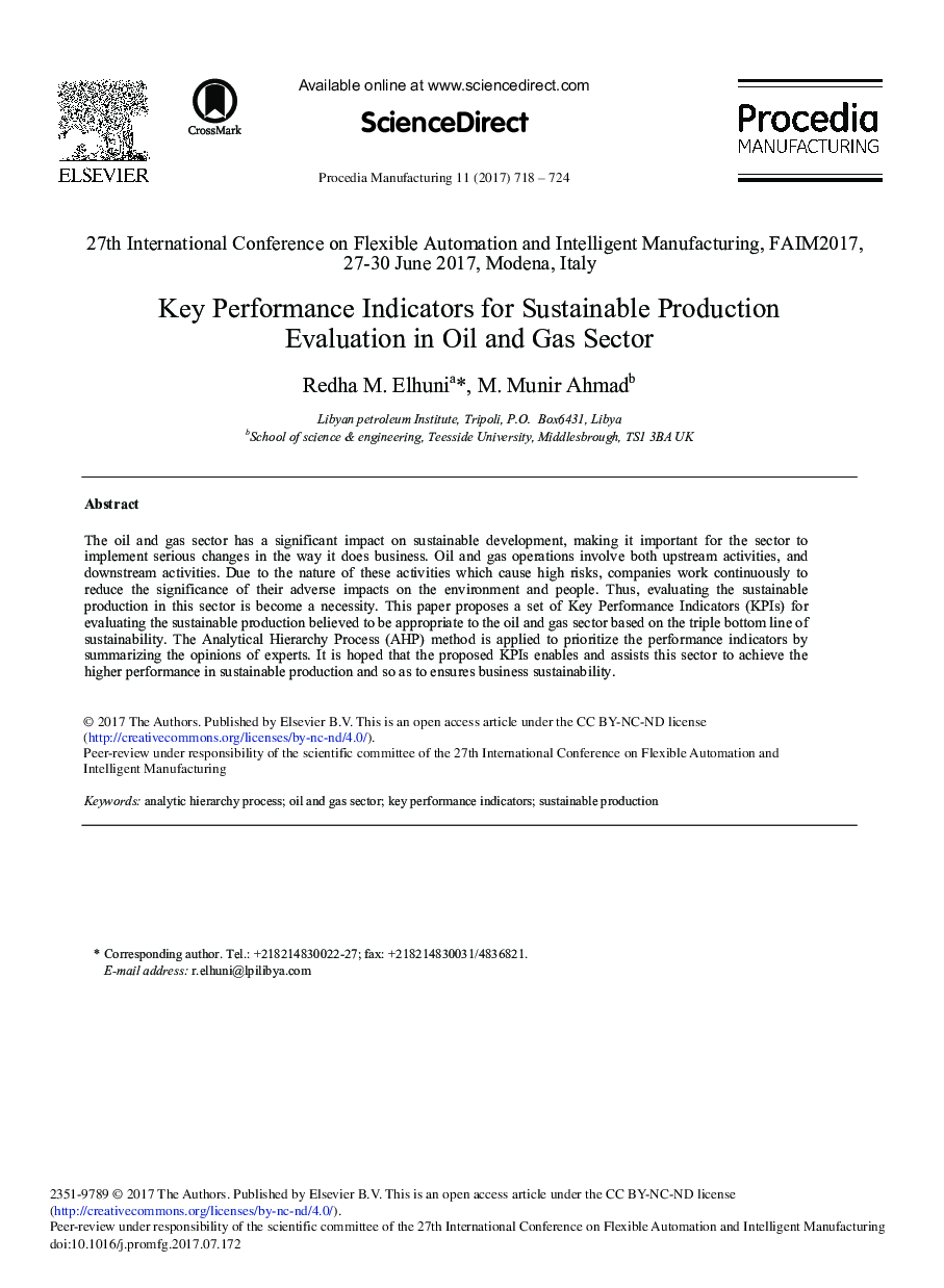 Key Performance Indicators for Sustainable Production Evaluation in Oil and Gas Sector