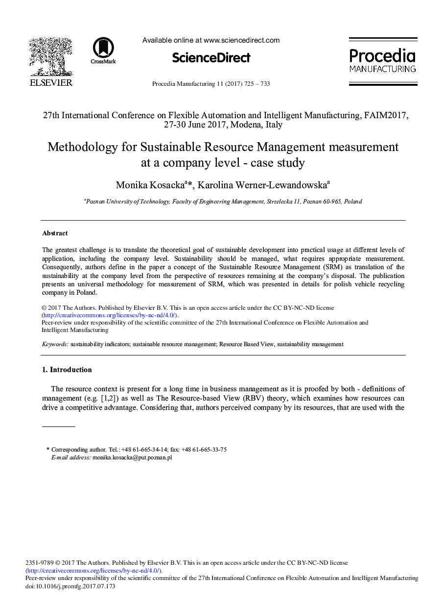 Methodology for Sustainable Resource Management Measurement at a Company Level - Case Study