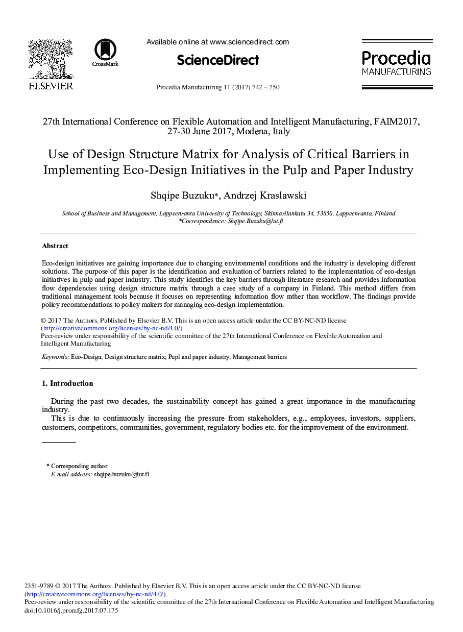 Use of Design Structure Matrix for Analysis of Critical Barriers in Implementing Eco-design Initiatives in the Pulp and Paper Industry